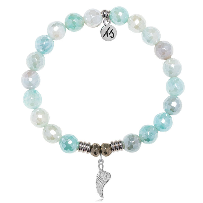 Aqua Agate Gemstone Bracelet with Angel Blessings Sterling Silver Charm