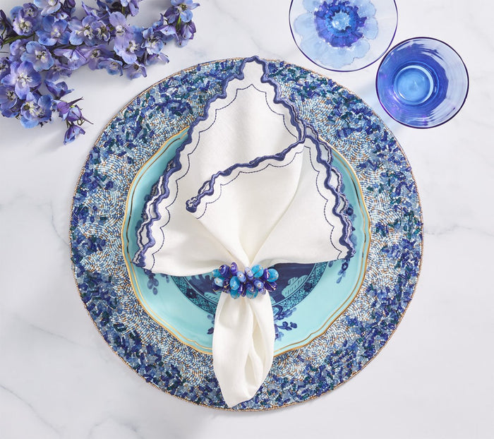 Arches Napkin in White & Blue Set of 4 by Kim Seybert at Fig Linens and Home - Lifestyle 1