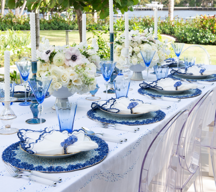 Arches Napkin in White & Blue Set of 4 by Kim Seybert at Fig Linens and Home - Lifestyle 3