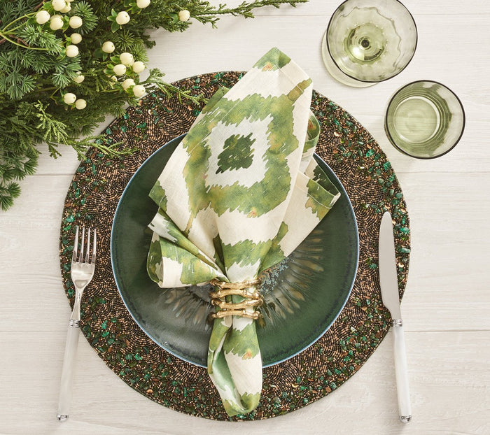 Kim Seybert Bamboo Napkin Ring in Gold on Green Table Setting - Fig Linens and Home