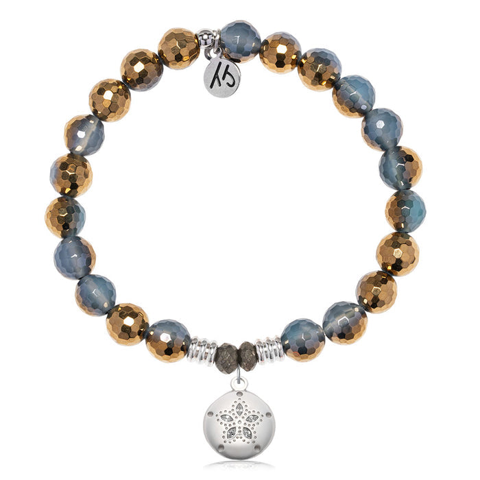 Blue Gold Agate Gemstone Bracelet with Sand Dollar CZ Sterling Silver Charm