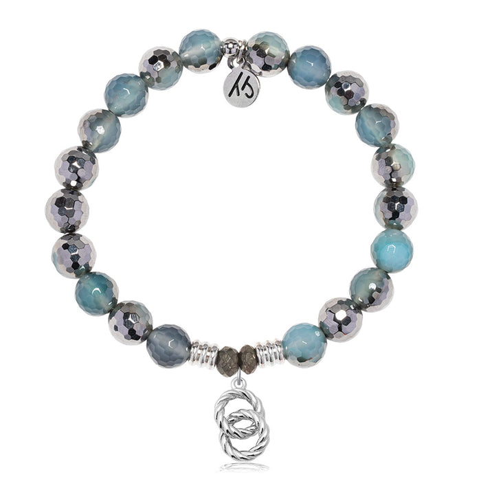 Blue Silver Agate Gemstone Bracelet with Forever Connected Sterling Silver Charm