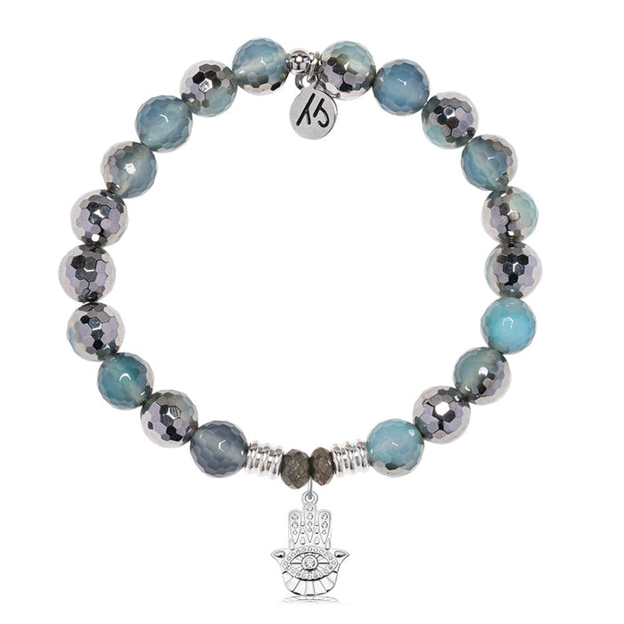 Blue Silver Agate Gemstone Bracelet with Hamsa Sterling Silver Charm