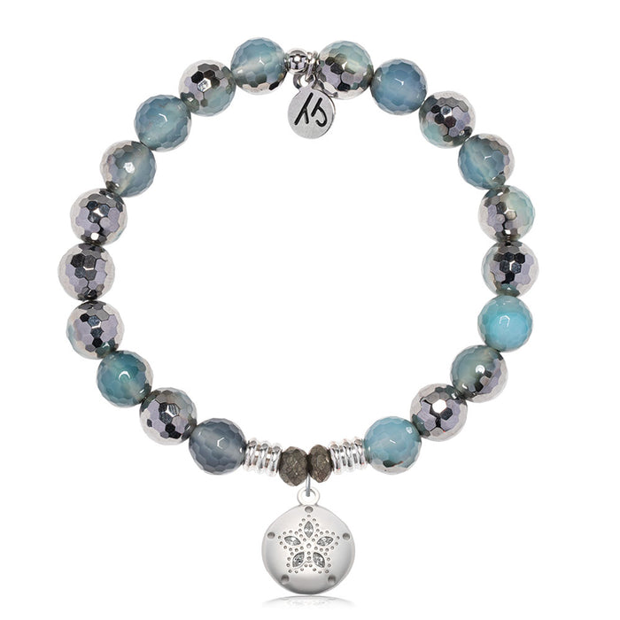 Blue Silver Agate Gemstone Bracelet with Sand Dollar CZ Sterling Silver Charm