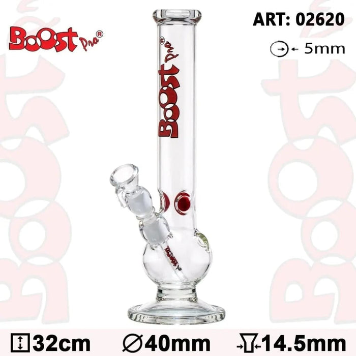 Bouncer Glass Water Pipe with Long Neck and Red Boost Branding on Rounded Base Tube