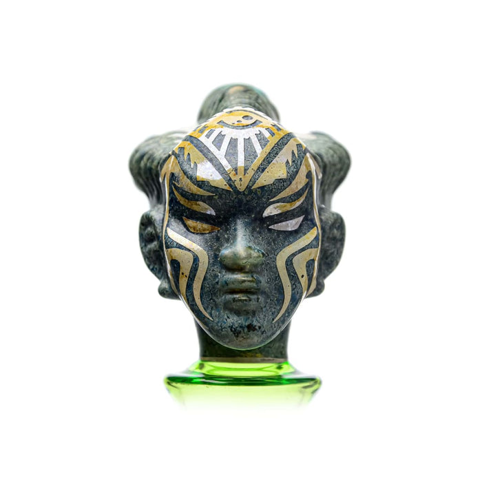 Ornate stone ceramic head on green base - Thick Glass Etch Dab Rig With Slitted Cut Perc