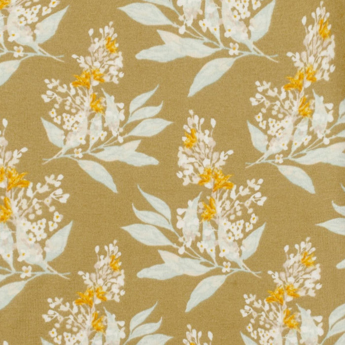 burts bee baby gold floral swaddle on a white background close up
