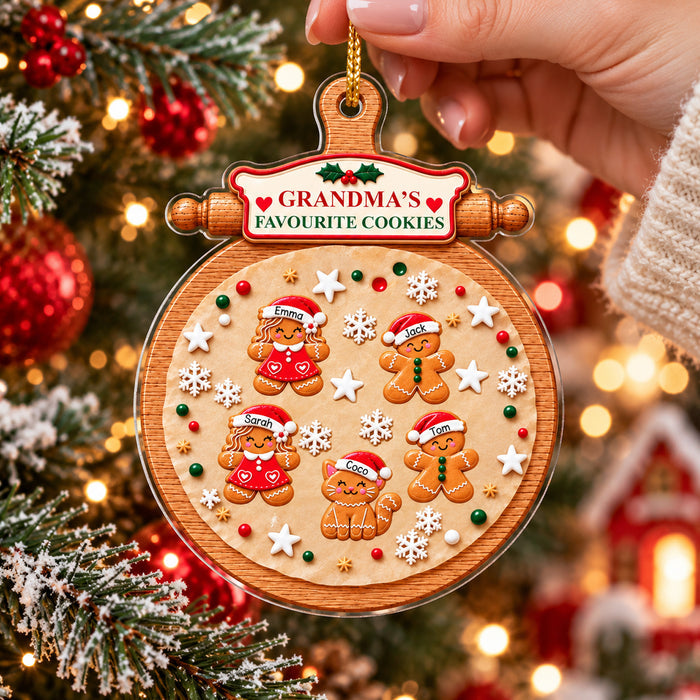 Grandma's Favorite Cookies - Personalized 3D White Acrylic Ornament, Gingerbread Family Christmas