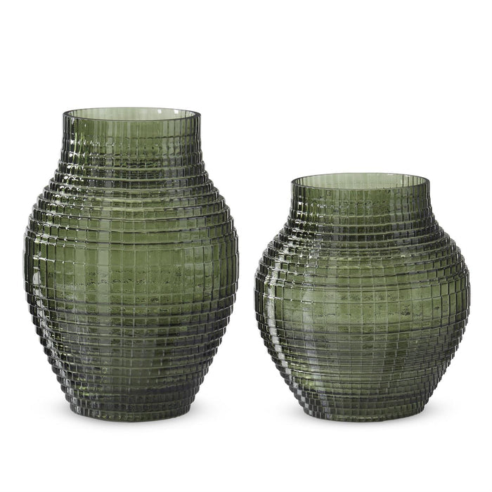 Green Grid Pressed Glass Vases - 2 sizes