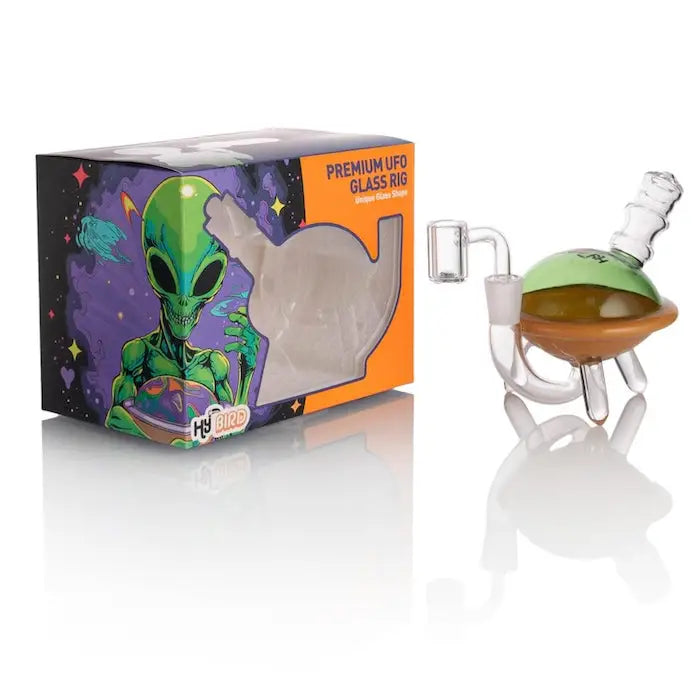 Alien-themed Hybird Ufo Rig with packaging available in multiple colors, perfect for dabbing
