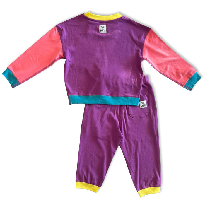 Children's purple and pink outfit with colorful accents on a white background