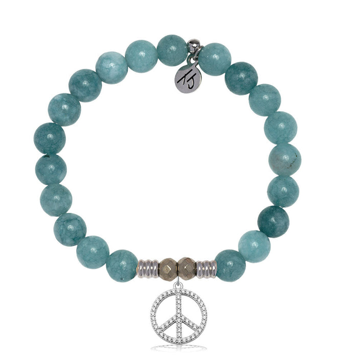 Mountain Blue Jade Gemstone Bracelet with Peace CZ Sterling Silver Charm