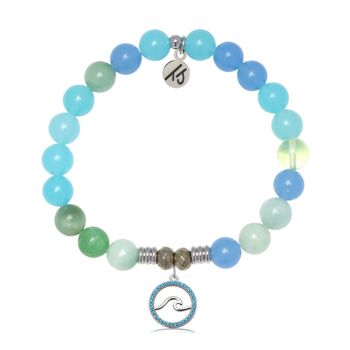 Multi Blue Jade Gemstone Bracelet with Serenity Wave Sterling Silver Charm