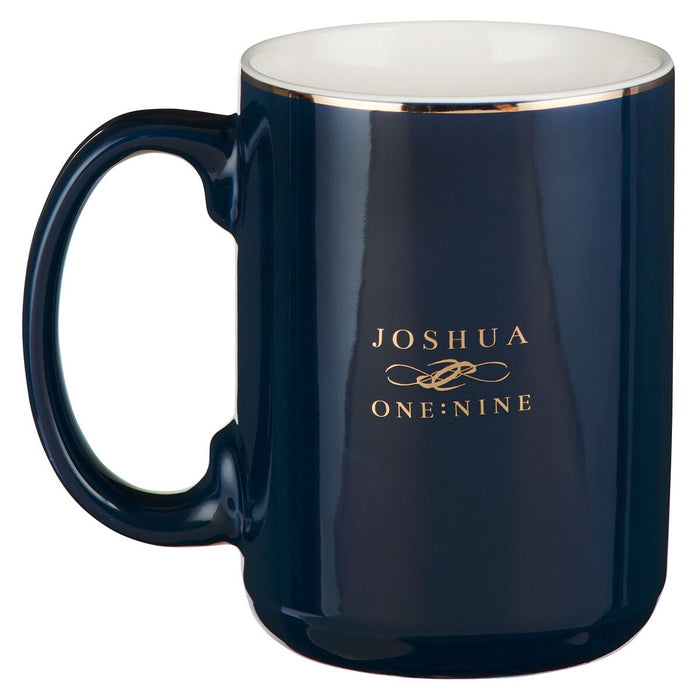 Navy blue mug with 'Joshua One: Nine' branding on a white background
