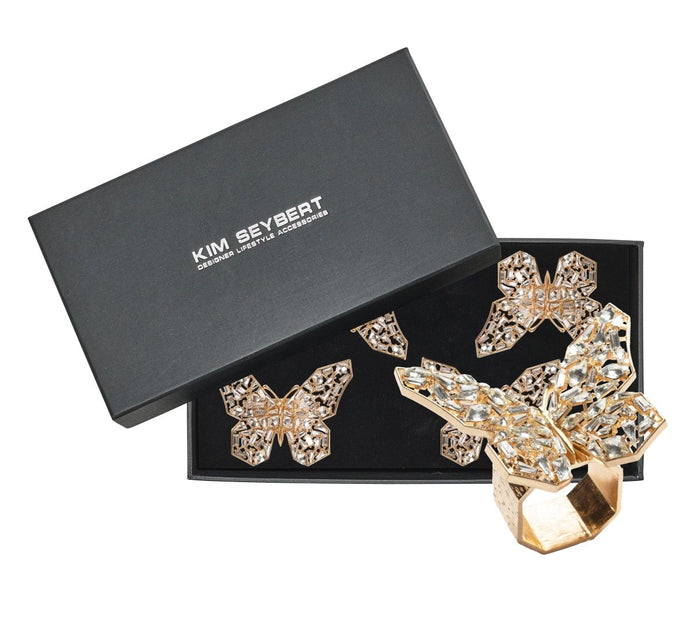 Kim Seybert Papillon Napkin Ring in Gold & Crystal Set of 4 in a Gift Box by Kim Seybert - GOLD/CRYSTAL 3.25"L x 2.5"W x 2"H Napkin Ring - Set of 4 at FIG LINENS AND HOME - 5
