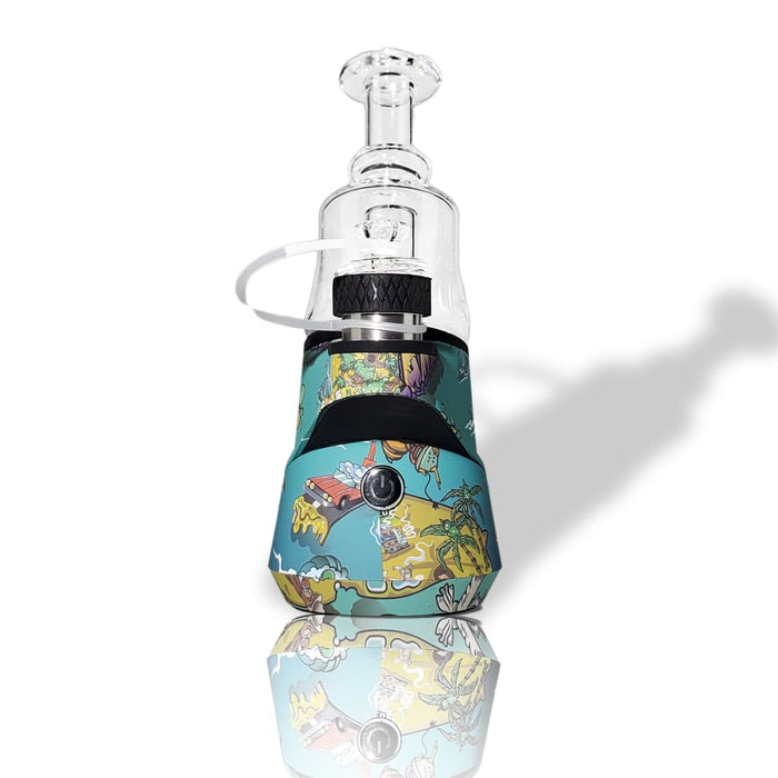 Teal cartoon silicone sleeve on clear glass enail vaporizer for essential oils