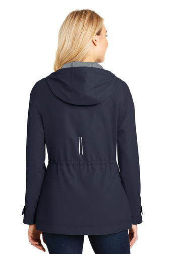 rain jacket being modeled on a white background