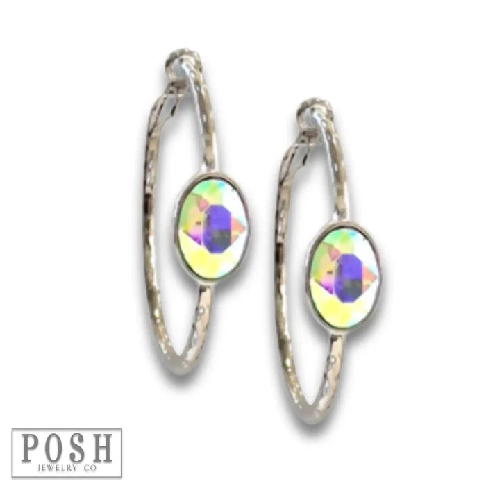 Rhinestone Oval Hammered Hoop Earrings