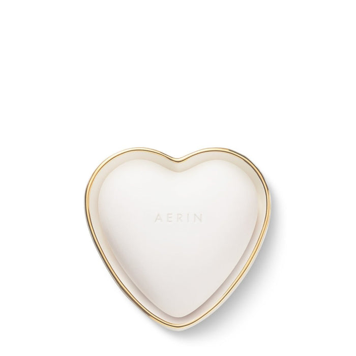 AERIN Ribbed Heart Trinket Dish in Cream with Gold Rim | Back of Dish with Logo
