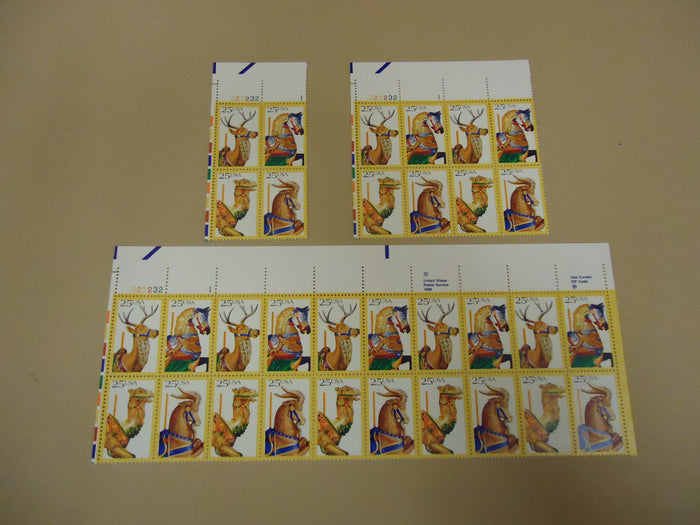 USPS Scott 2390-93 25c 1988 Carousel Animals Stamps Lot of 3 Plate Block 32 Stamps -- New