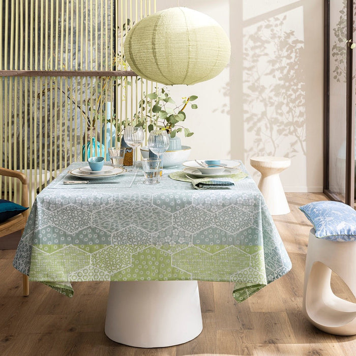 Wagara Green 59" x 59" Coated Tablecloth by Le Jacquard Français - 9at Fig Linens and Home - 2