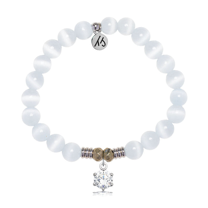 White Cats Eye Gemstone Bracelet with Shine Like A Diamond Sterling Silver Charm