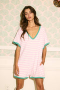 Women's Striped Knit V-neck Romper - Pink/Green (Final Sale)