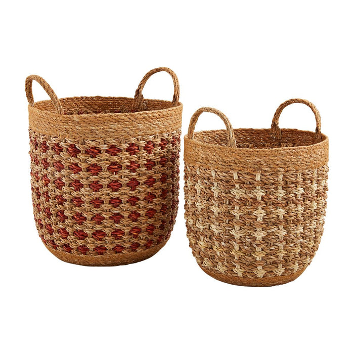 Two woven baskets with handles on a white background